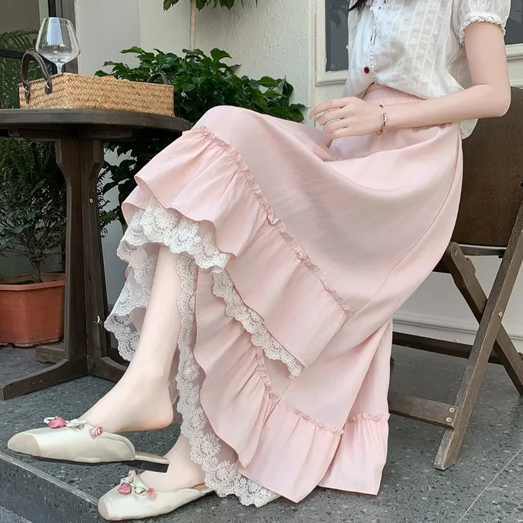 甜美温柔风粉色蕾丝拼接半身裙女夏季不规则伞裙气质A字大摆长裙