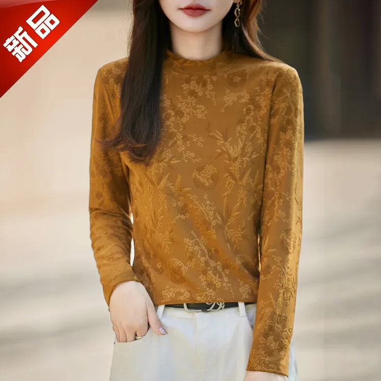 哥弟阿玛施正品秋冬新款半高领提花缎面针织打底衫女长袖内搭上衣
