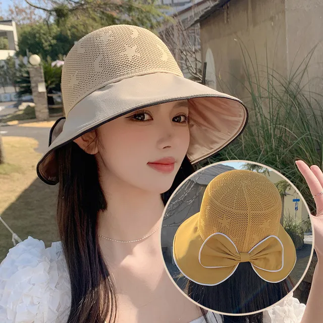 黑胶渔夫帽女新款时尚小檐蝴蝶结夏天遮脸防晒防紫外线网红太阳帽