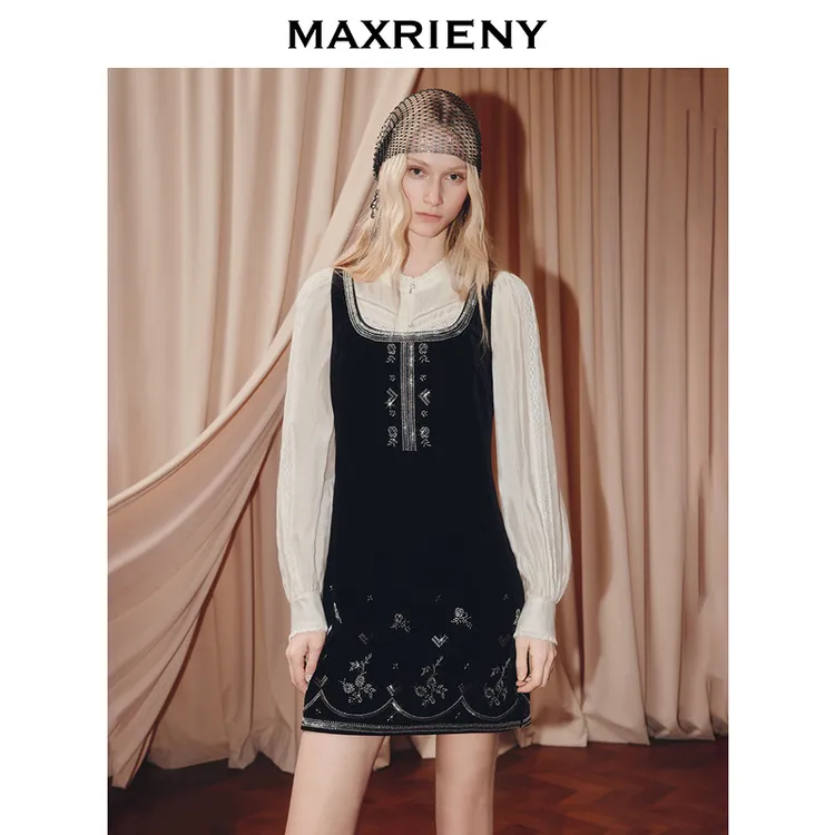 【商场同款】MAXRIENY2025秋背心连衣裙丝绒钉珠重工连衣裙