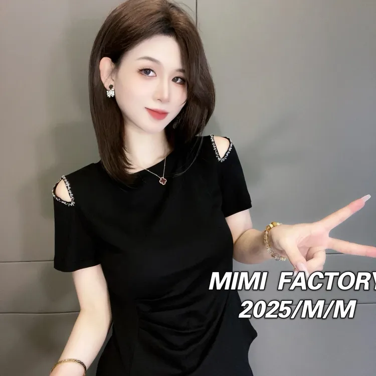 2025新款露肩设计刺绣重工短袖T恤女夏修身显瘦上衣圆领打底上衣