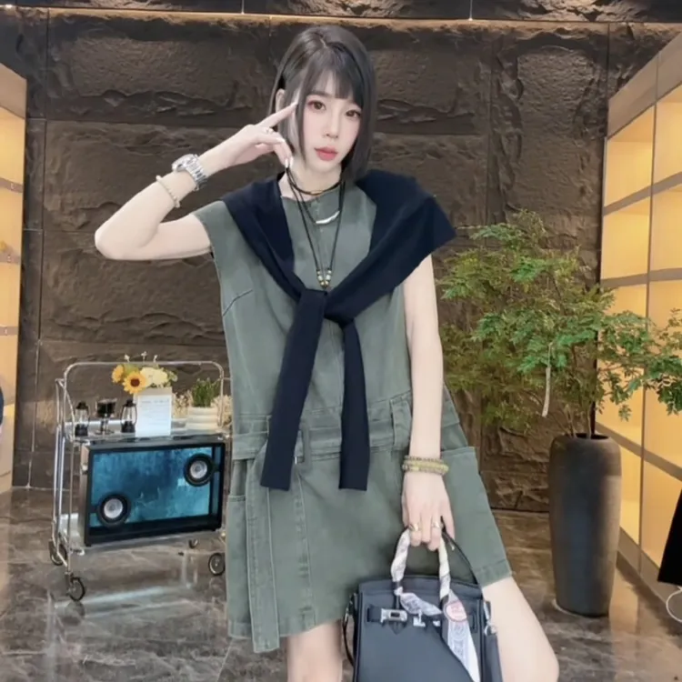 【木棉】欧货休闲高腰牛仔连衣裙欧洲站夏季新款洋气通勤短裙6098