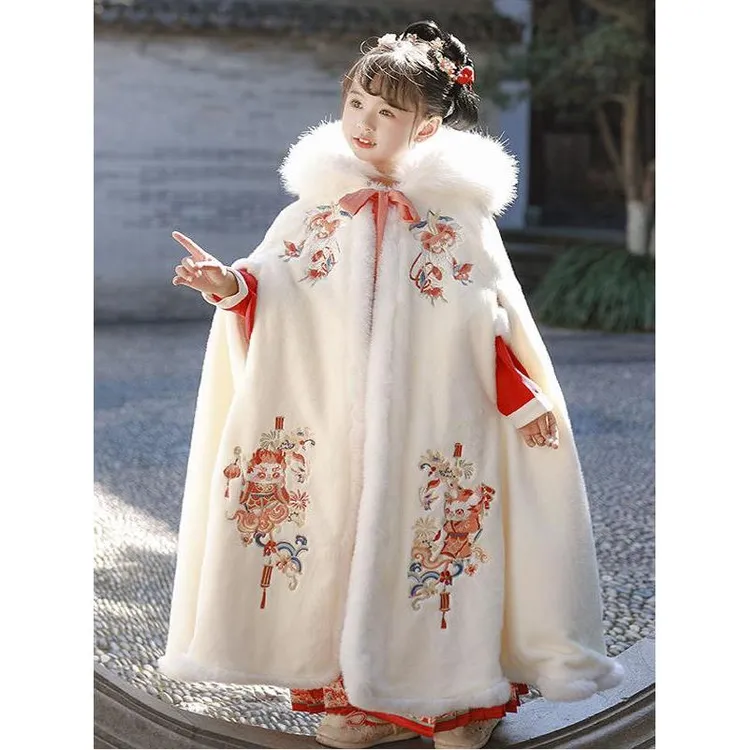 女童披风斗篷汉服加绒加厚超仙古装外出儿童中国风龙年拜年服冬季