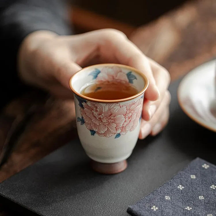 新款隐汝窑芙蓉花主人杯闻香杯家用陶瓷茶杯品茗杯单杯可养开片