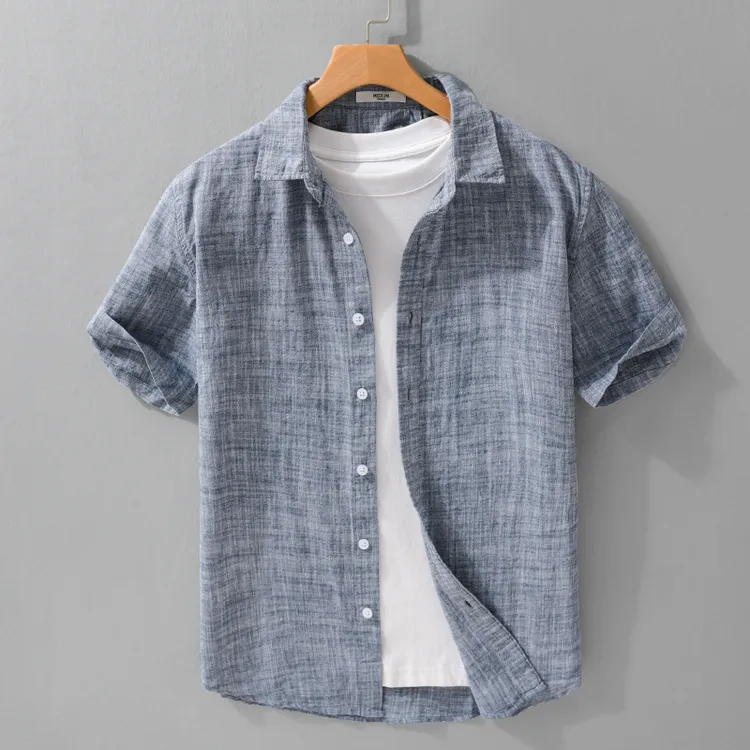 222夏季简约百搭棉麻短袖衬衫舒适透气男装商务休闲半袖麻料衬衣