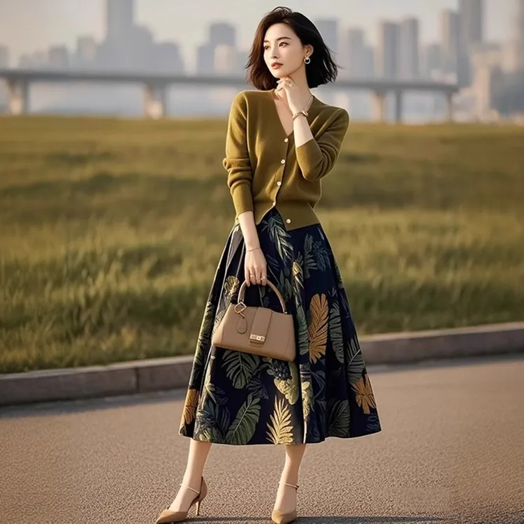 2025超火春装搭配一整套独特漂亮绿色V领针织上衣半身裙两件套装