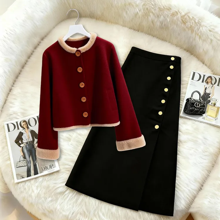 过年穿搭红色新中式套装连衣裙子2026秋冬季新款外套半身裙两件套