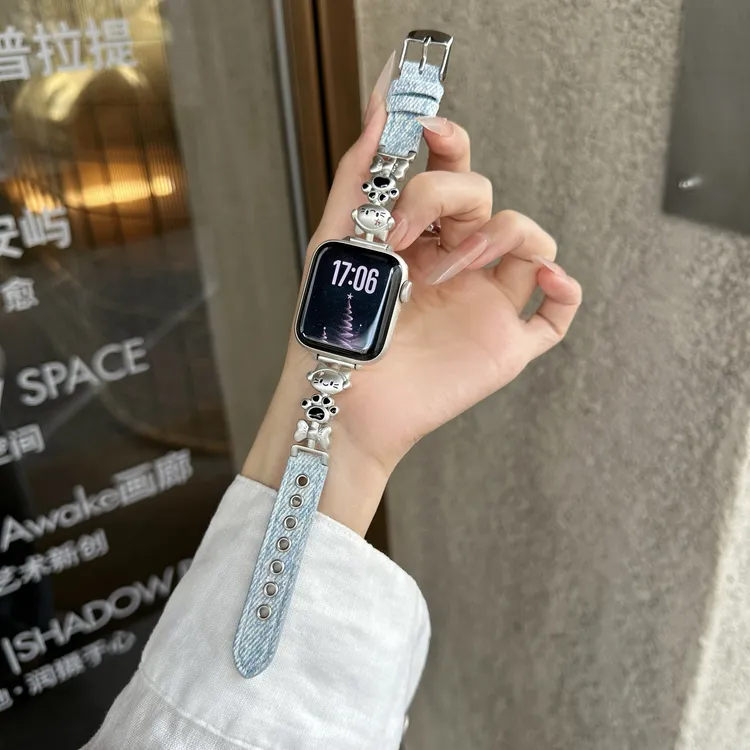原创音乐猫适用iwatchs9牛仔表带苹果S11手表se3细款女款s10小米9