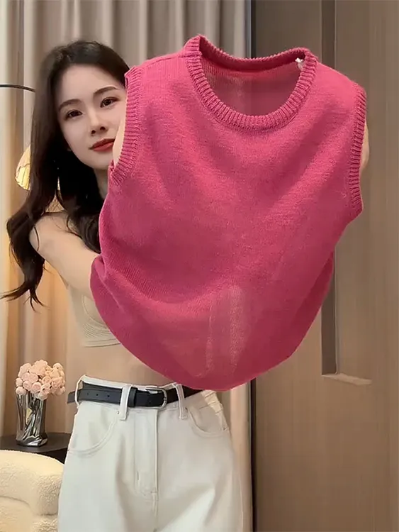 欧货小众玫红色无袖针织背心女2025夏季新款宽松显瘦百搭冰丝上衣