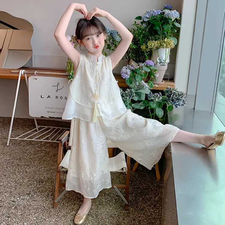 女童夏装套装2025新款儿童洋气国风背心女孩夏季阔腿裤汉服两件套