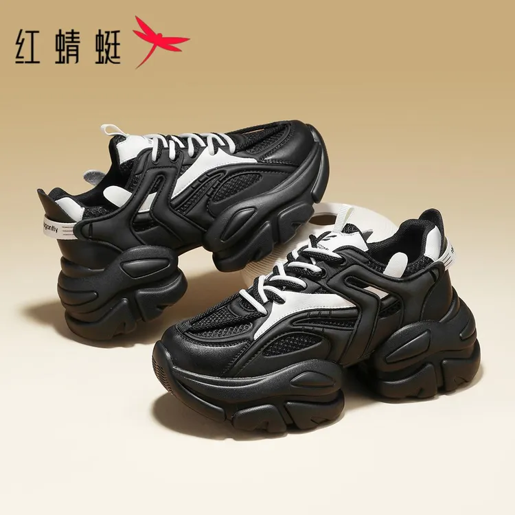 红蜻蜓休闲鞋女鞋2025新款ins厚底增高黑色老爹鞋运动鞋潮流女鞋