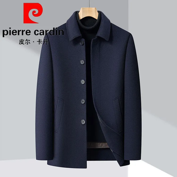 皮尔卡丹中老年羊毛大衣男翻领可拆卸内胆羽绒羊毛呢子休闲外套