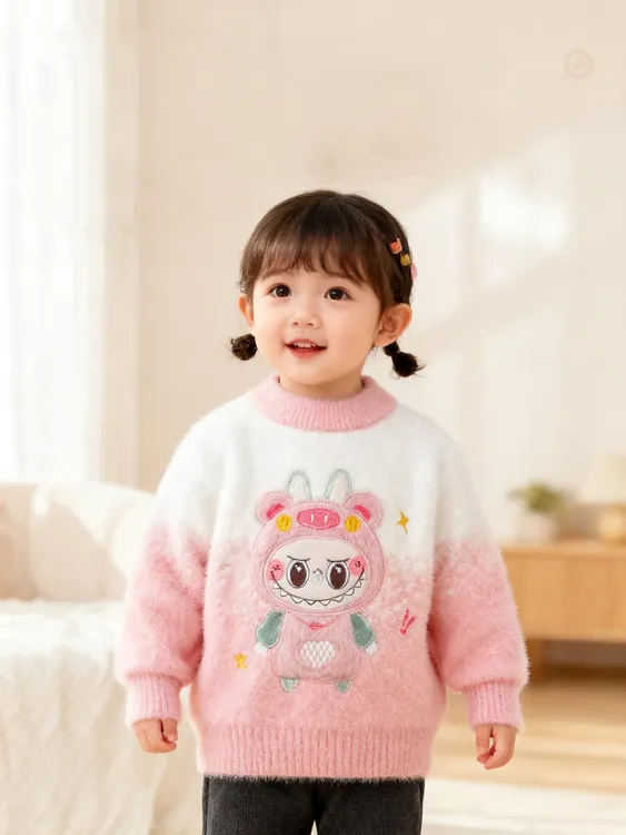 可爱卡通女童毛衣 萌趣绣花图案渐变色2025新款套头宝宝针织衫潮