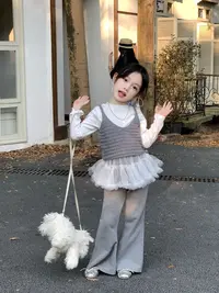女童套装2025秋季新款韩版针织吊带背心蕾丝打底衫喇叭裤三件套潮