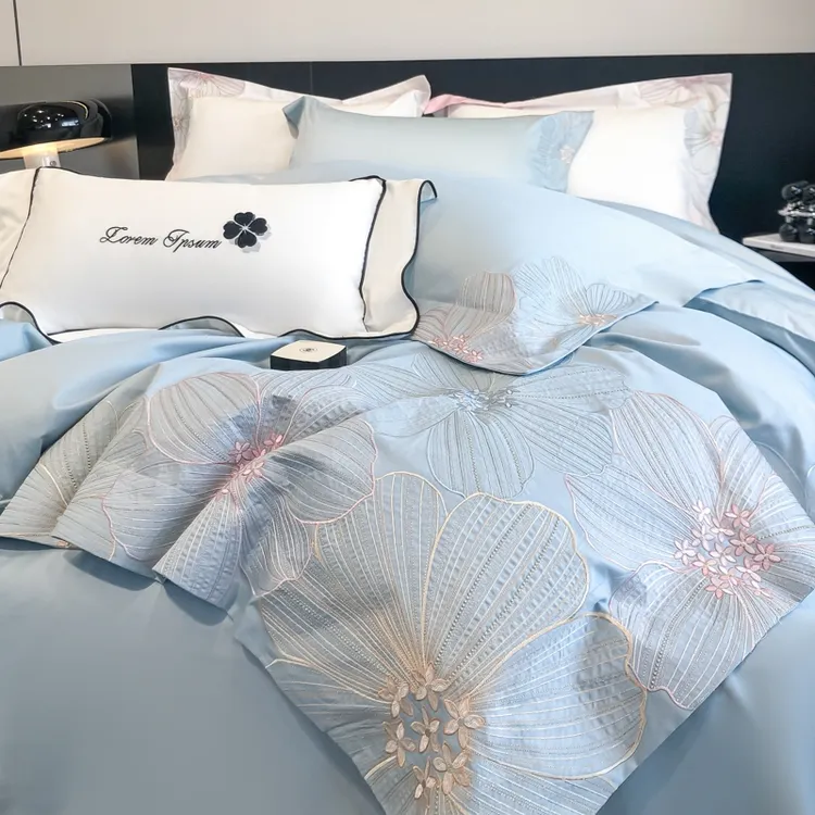 南通家纺100%纯棉全棉宽边刺绣纯色四件套轻奢高级感被套床单床笠