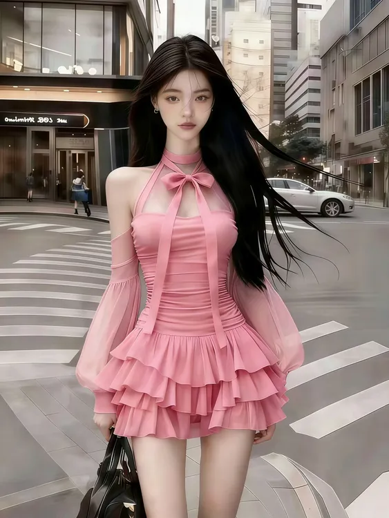 轻奢时尚气质高级千金风粉色圆领挂脖露肩网纱褶皱长袖收腰连衣裙