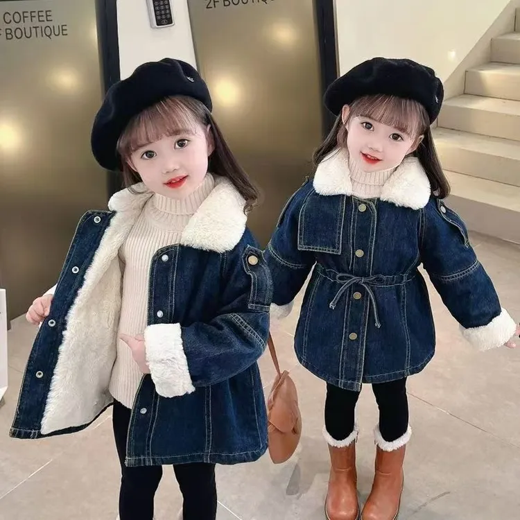 女童牛仔外套秋冬冬装加绒加厚儿童女孩洋气时髦上宝宝羽绒服