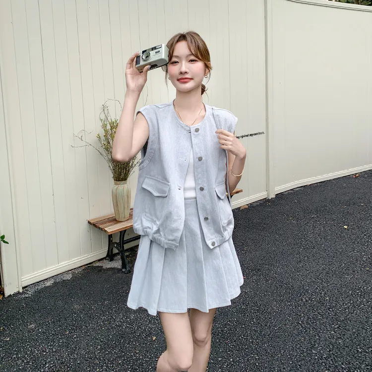 可盐可甜马甲百褶裙套装女2025夏季新款氛围感韩系穿搭显瘦两件套