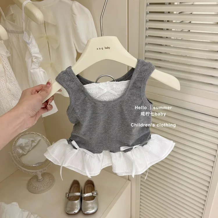 韩版女童夏季新款蝴蝶结花边拼接背心花苞短裤洋气两件套 MU