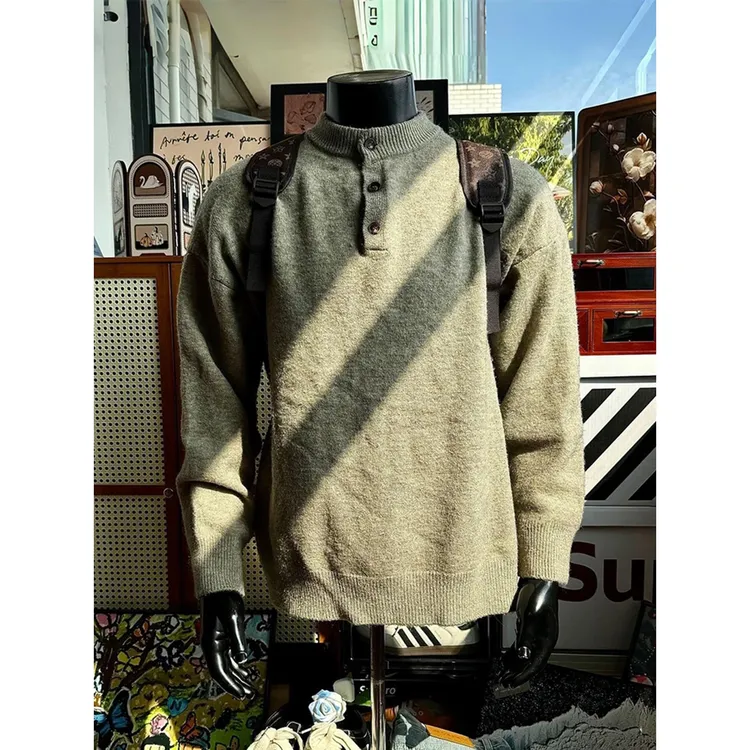 美式复古亨利领毛衣男款秋冬懒风高级感针织衫cleanfit保暖内搭