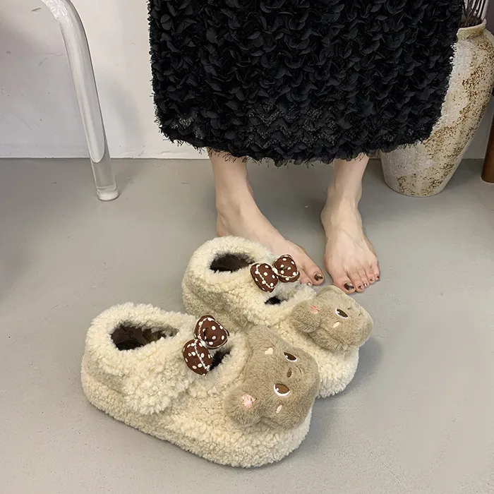 2025冬季新款可爱卡通小熊毛毛鞋女外穿蝴蝶结保暖毛绒包头棉鞋