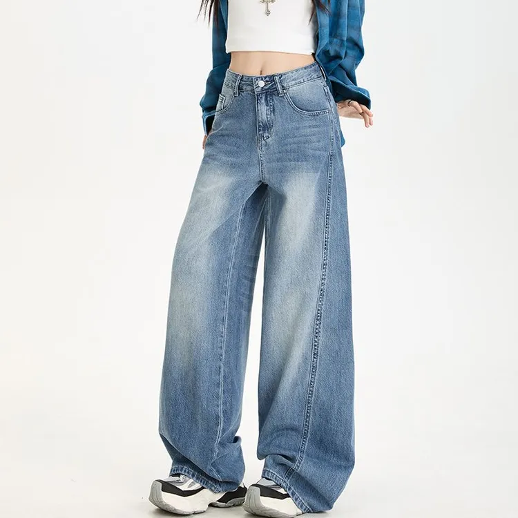 复古蓝阔腿弯刀牛仔裤女2025秋季新款高腰宽松显瘦直筒拖地镰刀裤