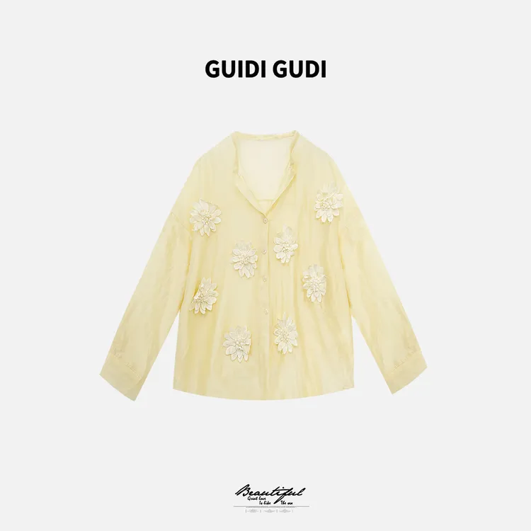 GUIDI GUDI【莲花开】黄加蓝气质重工时尚花花T恤 T9520034H