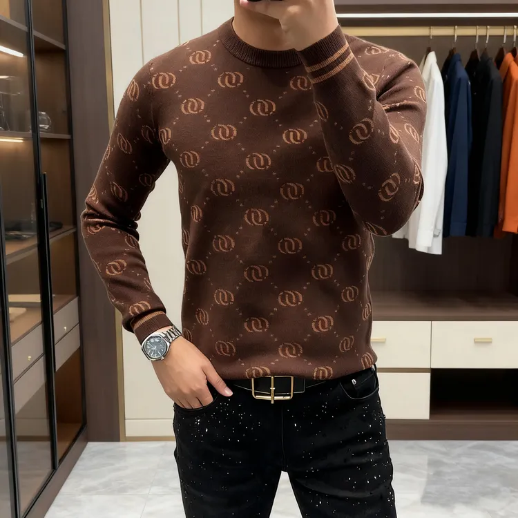 欧货新款男士长袖修身百搭圆领毛衣针织衫流光风针织打底衫潮流