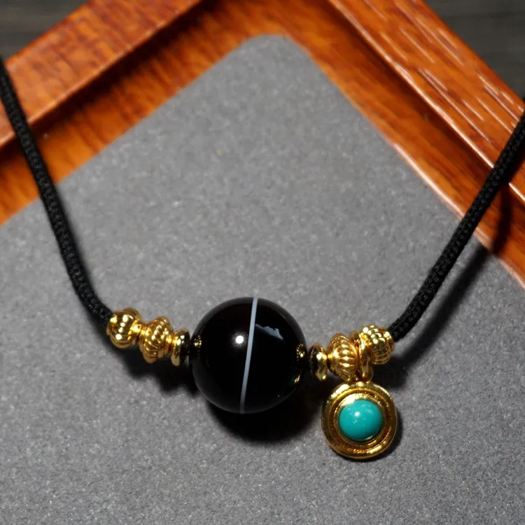 14mm黑白色圆珠子一线药师缠丝玛瑙 佛珠项链吊坠链子横穿锁骨链