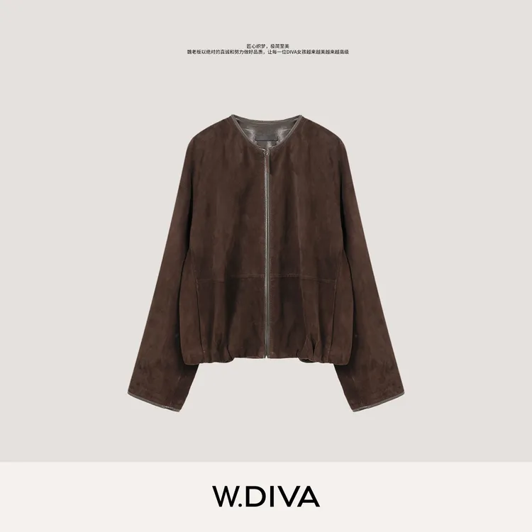 W.Diva【棕岩】土耳其进口绒面羊皮外套复古圆领拉链夹克53C172981