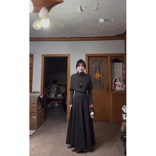 灰色高领针织毛衣套装连衣裙子女秋冬2025新款韩系穿搭一整套长裙