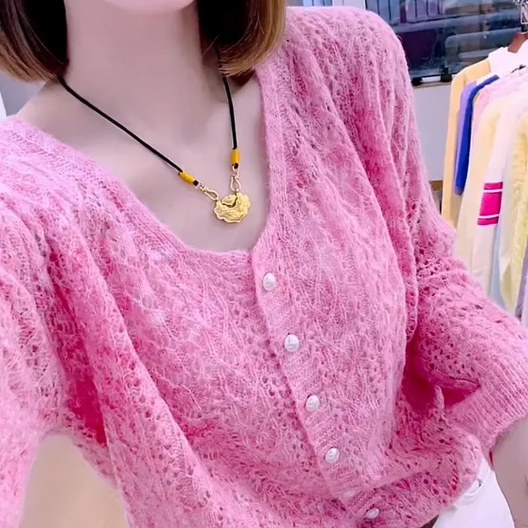 2025春秋季新款女士甜美镂空针织开衫时尚穿搭宽松显瘦休闲小上衣