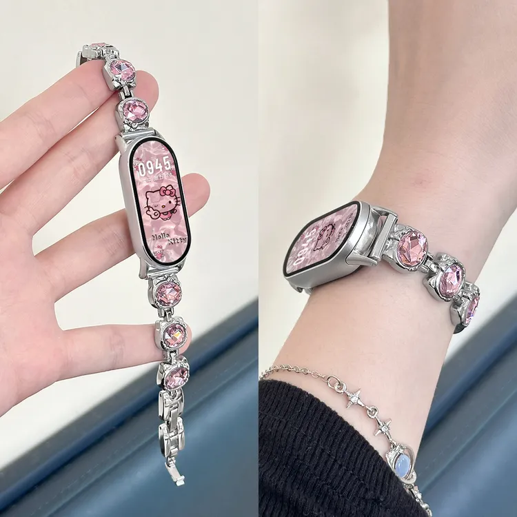 kitty猫闪钻水晶手链适用小米手环10表带9金属8NFC新款高级腕带女