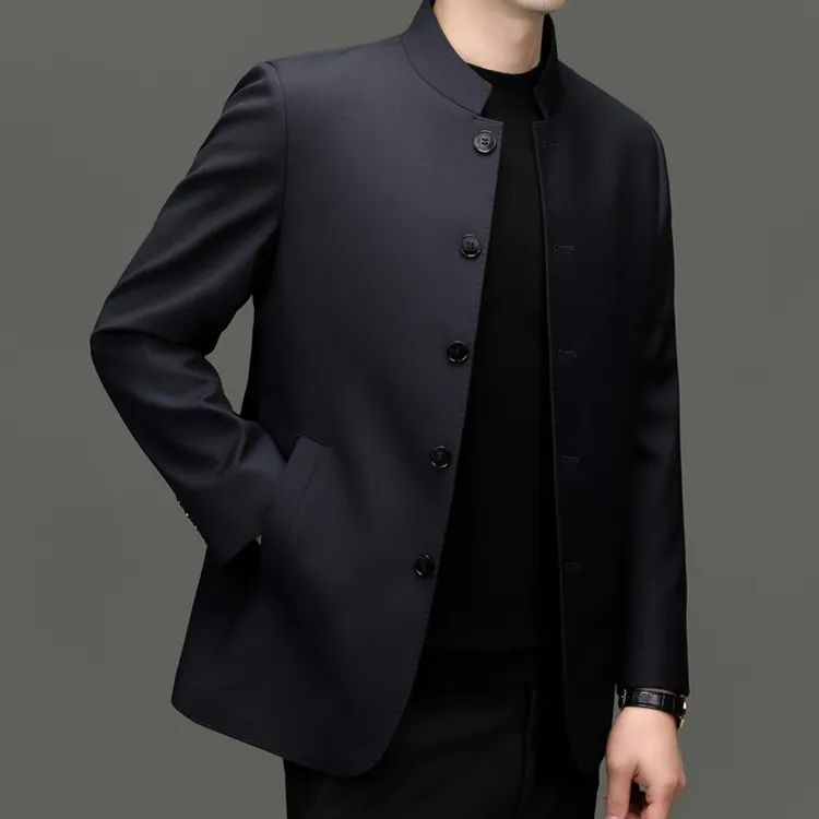 春秋厚款男士中山装男装中年商务休闲中华立领西服男行政夹克外套