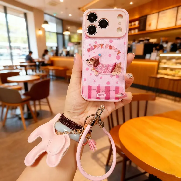 秋冬刺绣小狗手机壳适用iPhone17promax皮纹挂绳华为卡通