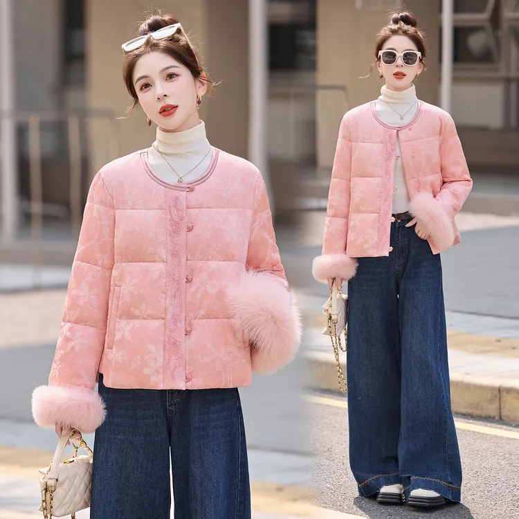 新中式国风狐狸毛提花羽绒服女2025冬季新款小个子白鸭绒短款外套