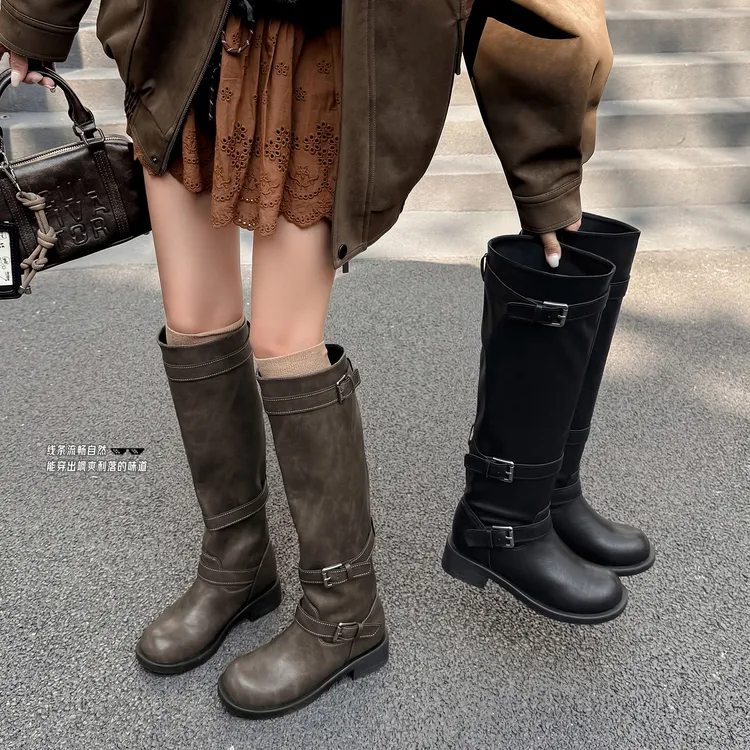 大筒围机车裤管靴女冬废土风粗跟胖mm长筒靴粗腿高筒大码骑士靴子