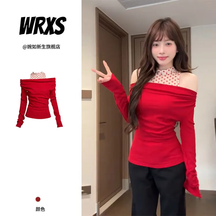 【婉如新生】2026冬季新款辣妹风性感百搭收腰显瘦一字肩长袖T恤女