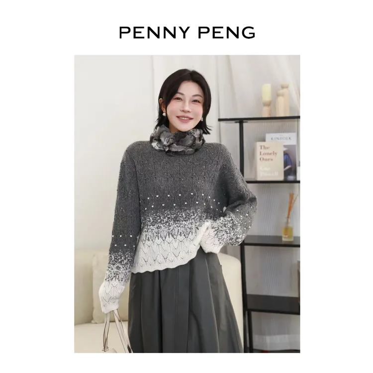 PENNYPENG 云绒絮语 黑标系列设计感洋气减龄圆领渐变羊绒套头衫