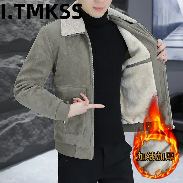 鹿皮绒男士外套加绒加厚冬季2026年新款潮流休闲翻领冬装夹克短款