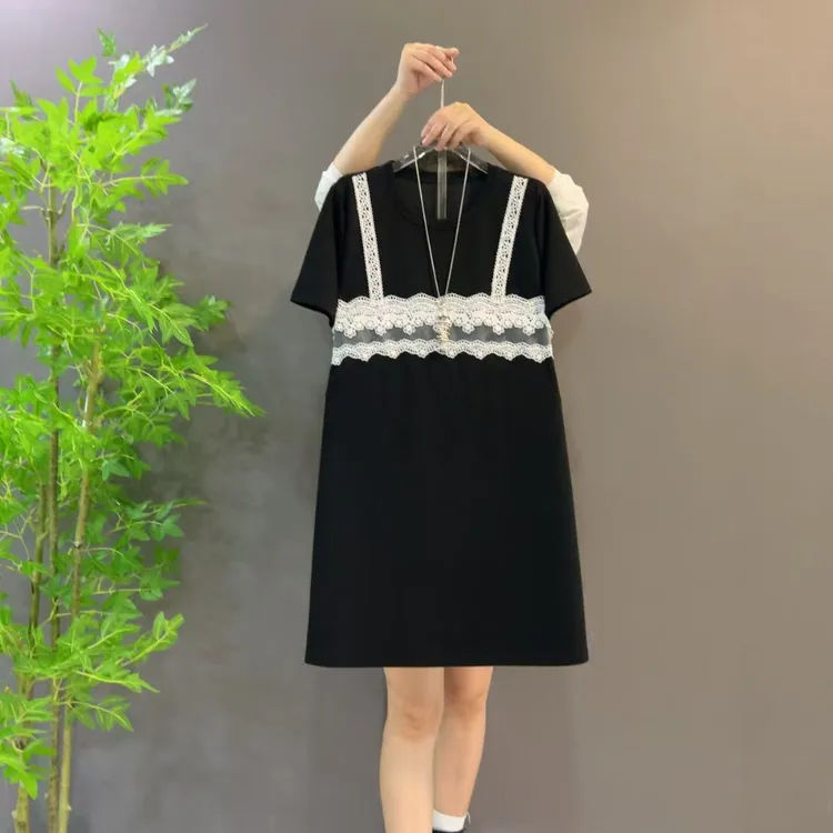 10129夏季新款时尚气质法式拼接蕾丝设计假两件连衣裙大码清新