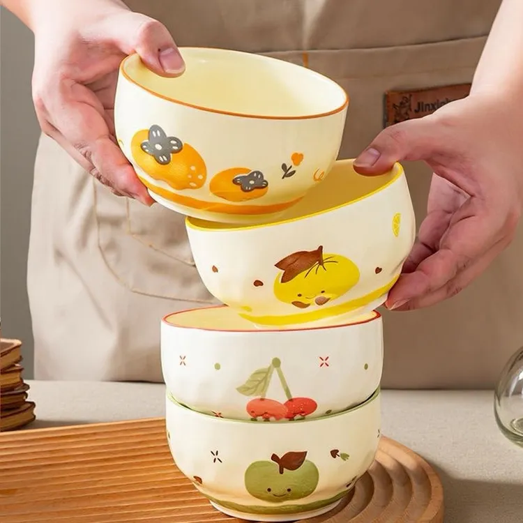 【四碗】水果可颂米饭碗家用少女心陶瓷釉下彩超好看吃饭碗可爱