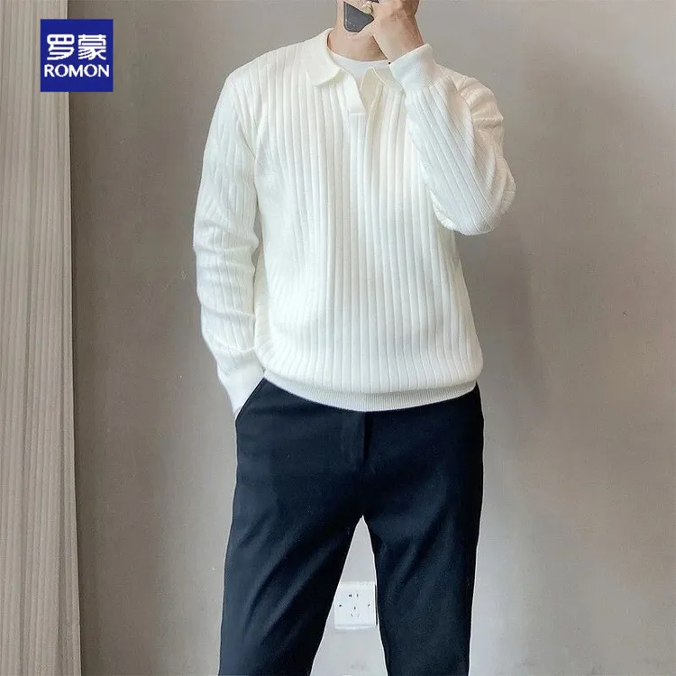 罗蒙轻熟风春秋新款条纹翻领男生毛衣纹理弹力宽松针织POLO衫长袖