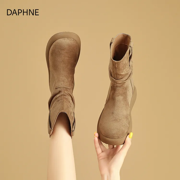 达芙妮复古短靴女款2025秋季新款平底户外休闲靴短筒时尚西部靴