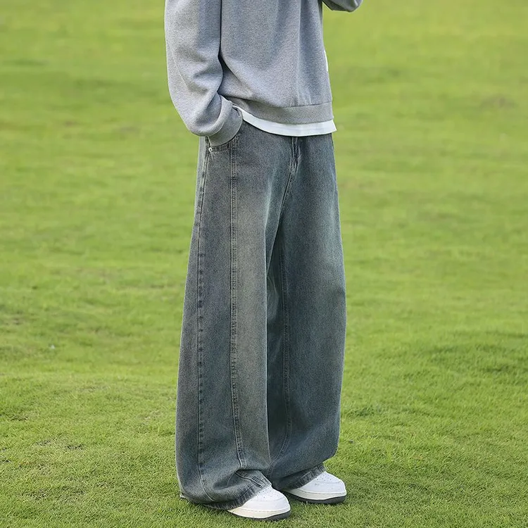 弯刀阔腿牛仔裤男女秋冬加绒复古直筒宽松显瘦藏肉长裤子半松紧腰