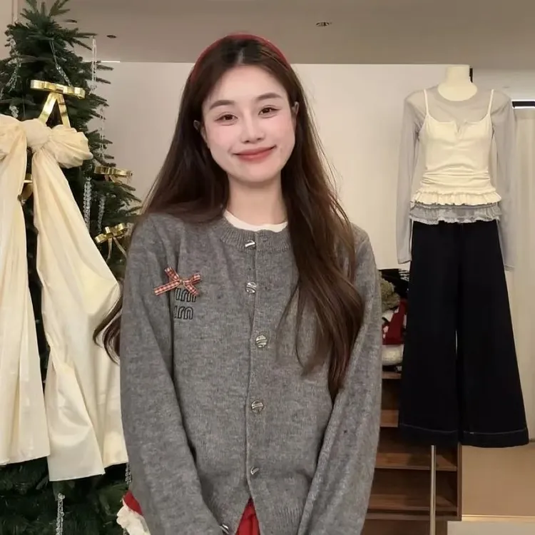 韩系长袖针织衫2024秋冬新款宽松开衫毛衫蝴蝶结刺绣上衣