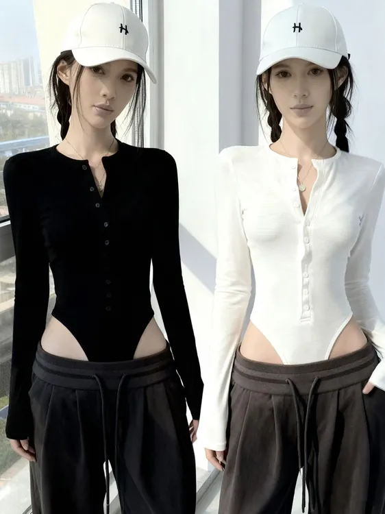 纯棉高品质性感辣妹连裆T恤女小众设计开叉紧身长袖打底连体上衣