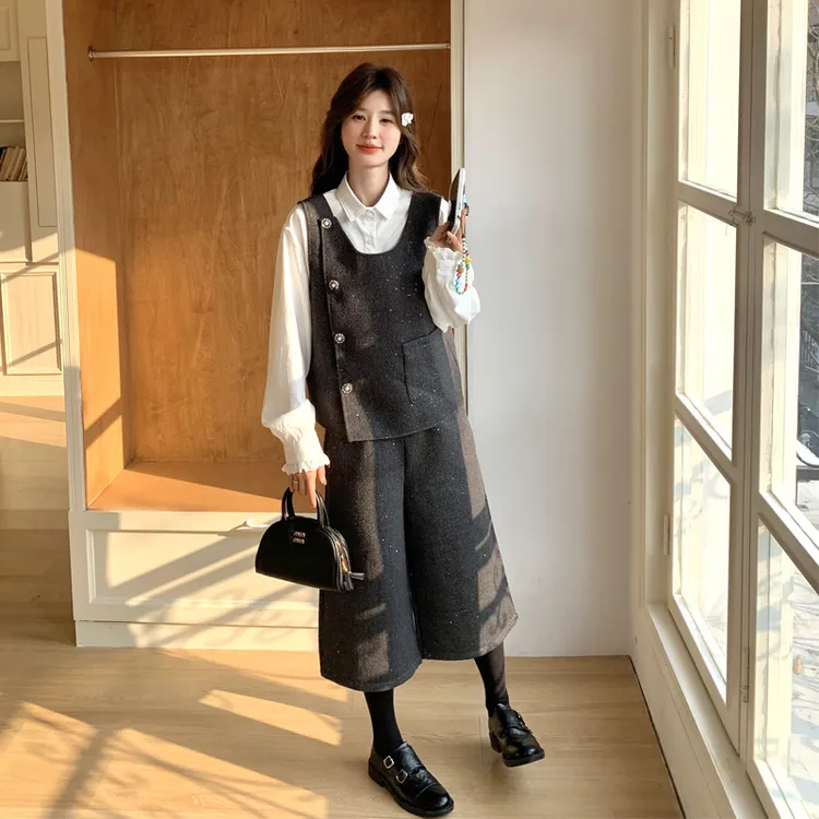 松弛感套装裤女2025春秋新款韩系学院风马甲衬衫九分阔腿裤三件套