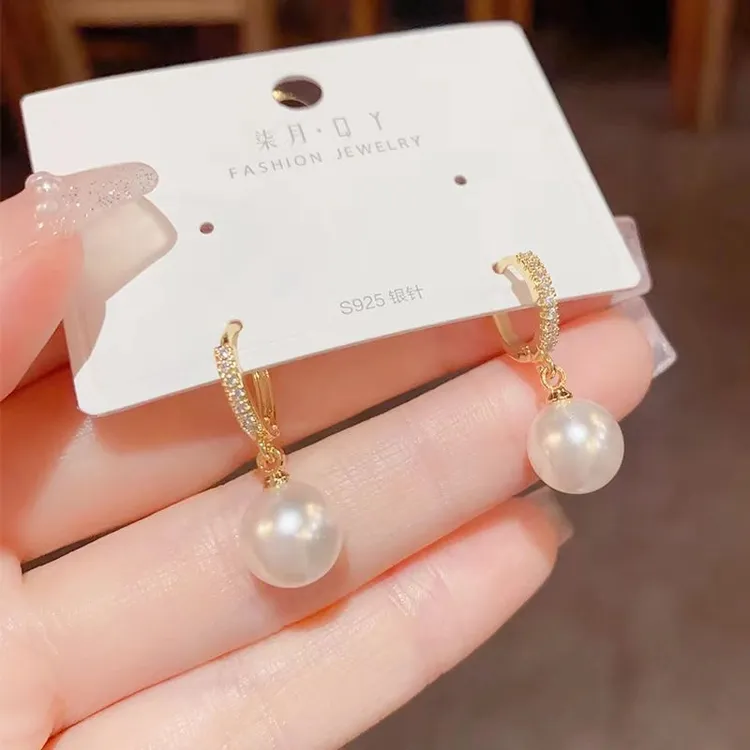 铜合金仿珍珠耳饰  时尚经典百搭微镶锆石珠珠耳扣气质轻奢法式