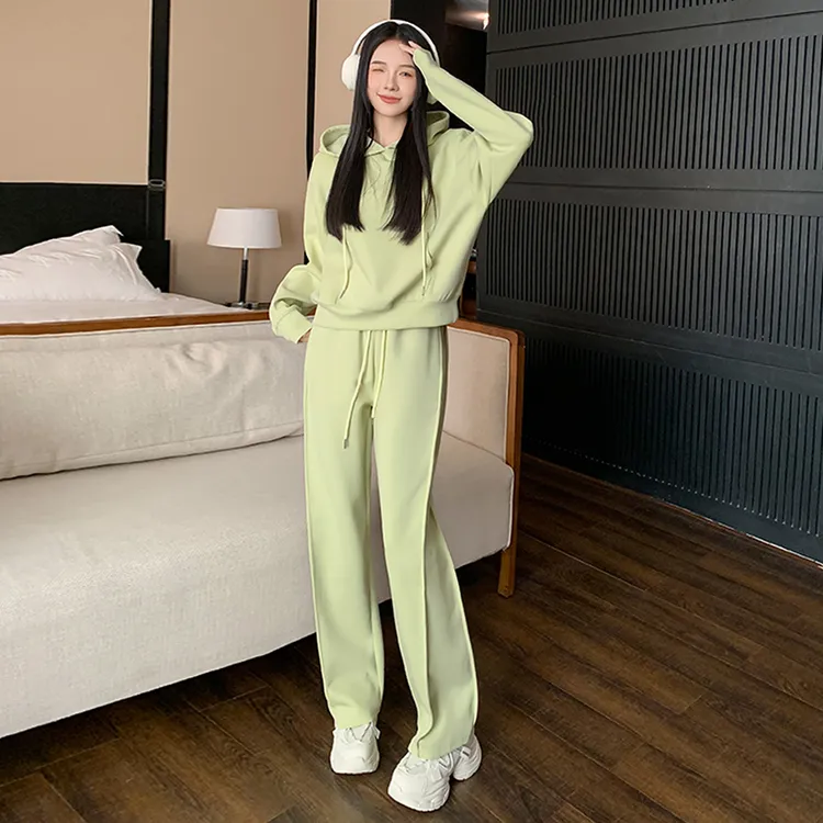 女秋季小清新时尚气质套装抽绳连帽卫衣阔腿卫裤两件套休闲运动潮